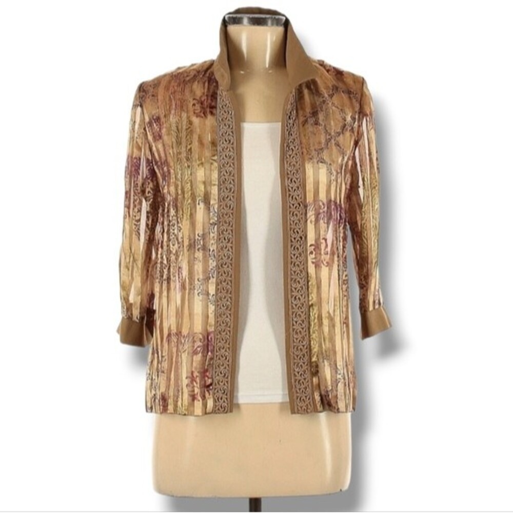 Vintage R&M Richards‎ Cardigan 8P Tan Gold Open Front Embroidery Fairy Whimsy